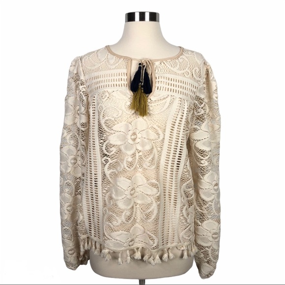MISA Ivory Cream Lace Boho Pheasant Tassel Blouse Top - Picture 1 of 6